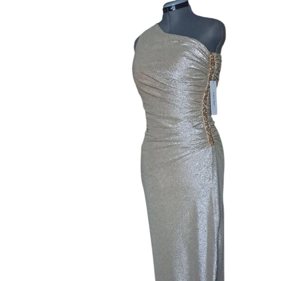 Calvin Klein One-Shoulder Gown with Side Ruching and Beaded Detail -Size 12-NWT - Picture 1 of 6